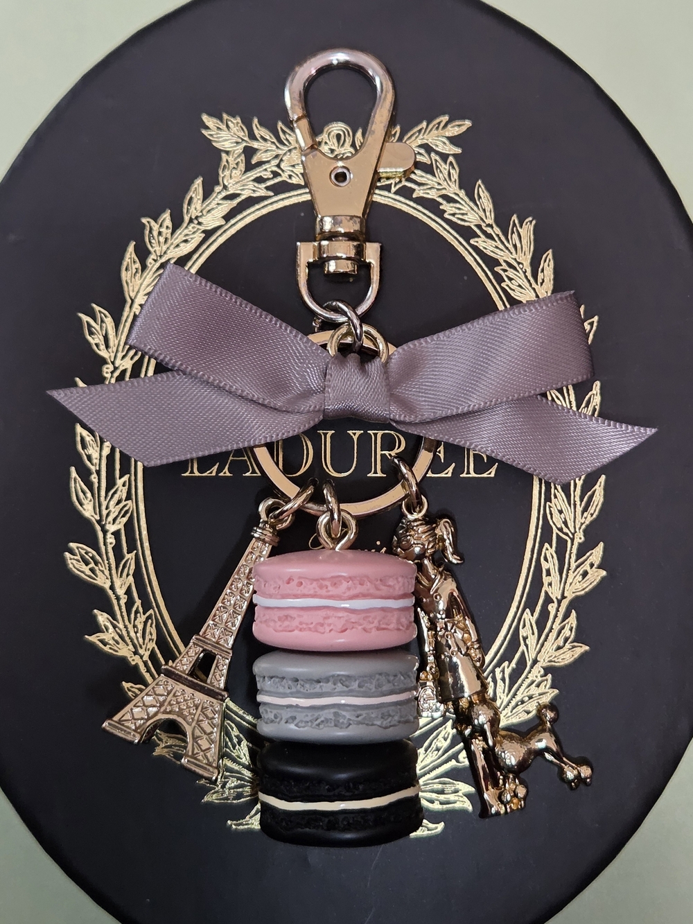 Macaron Stack Keychain with Eiffel Tower & Poodle Charms — Pink, Gray, Black